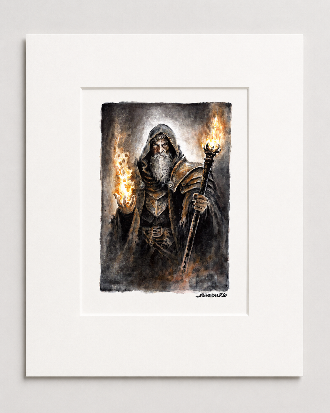"Ember Sage" | Watercolor Print | 8x10 Matted Wizard Fantasy Art