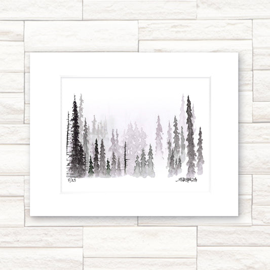 "Silent Pines" –  11x14 Watercolor Print | Misty Evergreen Forest Landscape Art | Pacific Crest Trail Art
