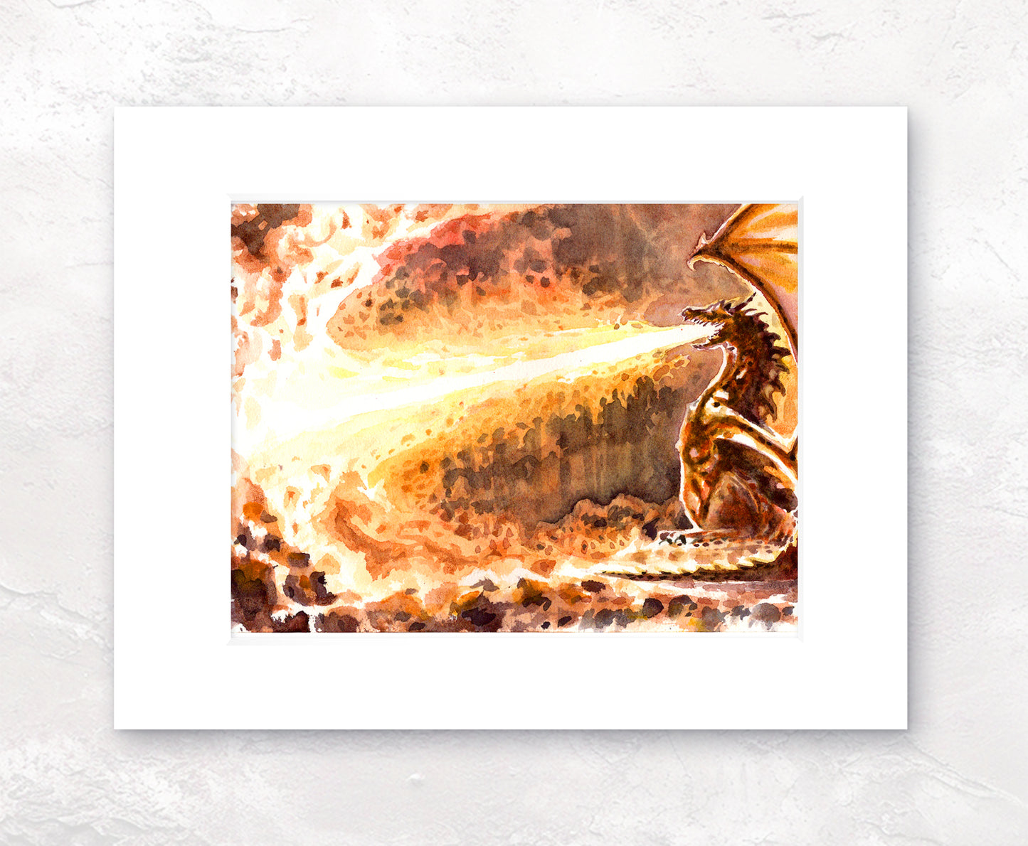 "Morning Yawn" 11x14 Watercolor Print | Hand-Painted Dragon Fire Watercolor Print – Fantasy Art | Mythical Creature Wall Decor