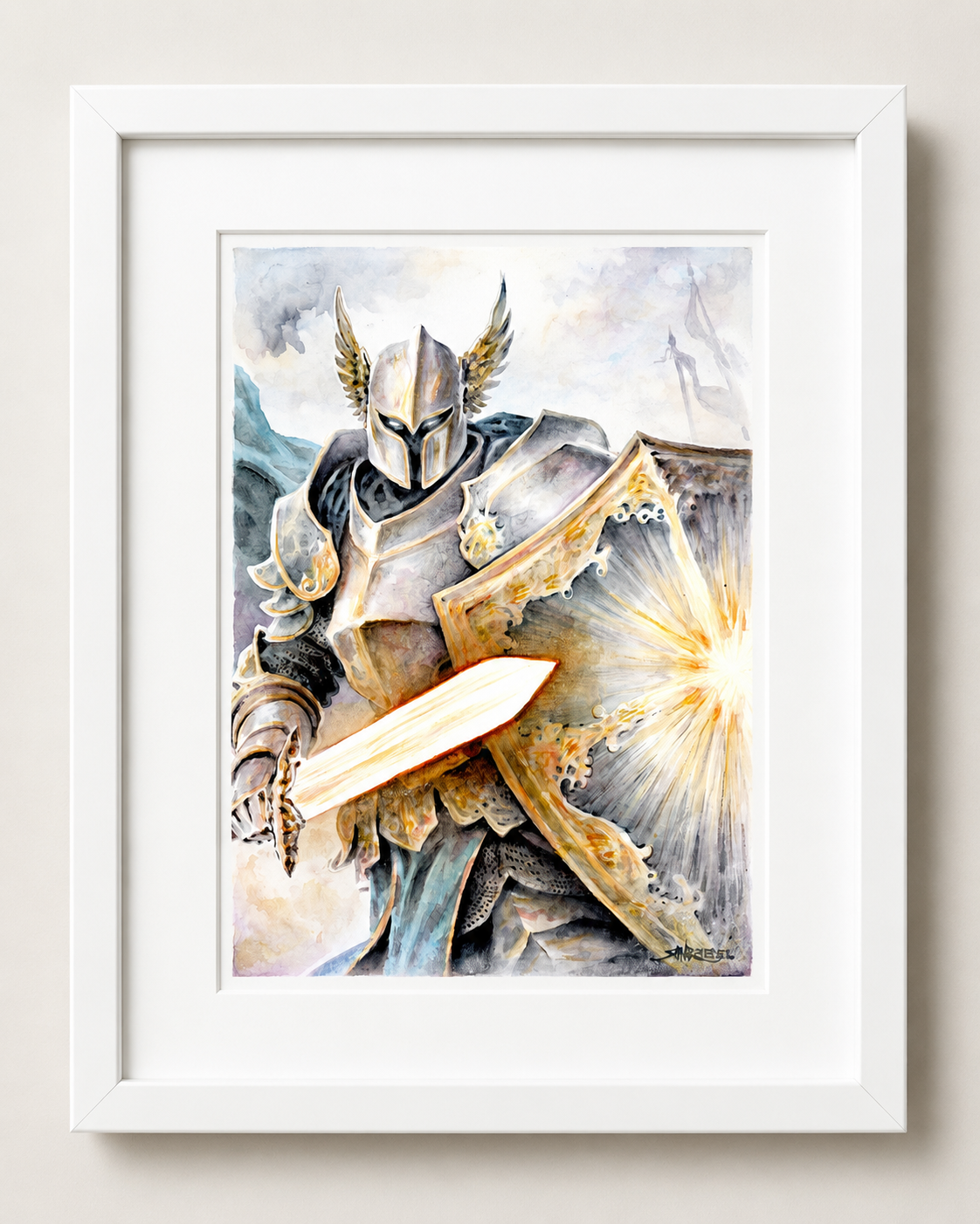"Shield Bearer" | Watercolor Print | 8x10 Matted Fantasy Art