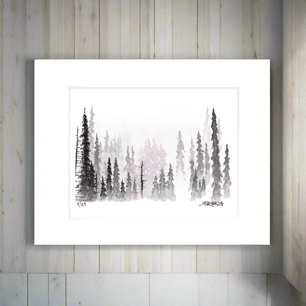 "Silent Pines" – 11x14 Watercolor Print | Misty Evergreen Forest Landscape Art | Pacific Crest Trail Art
