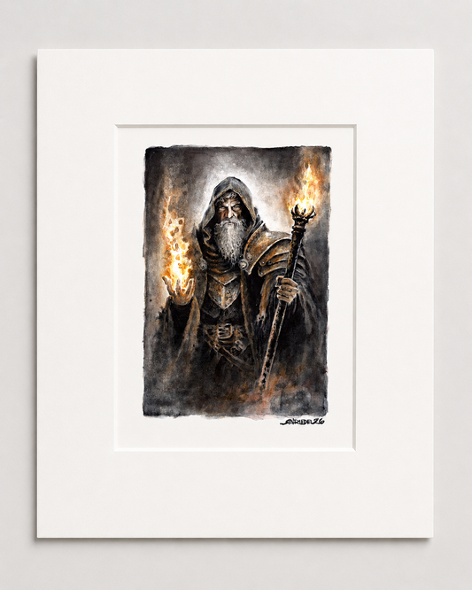 "Ember Sage" | Watercolor Print | 8x10 Matted Wizard Fantasy Art