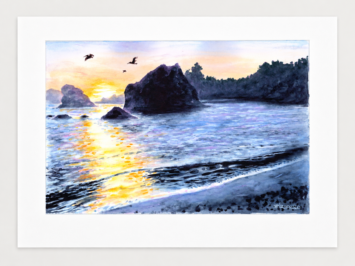 "Pacific Evening" |  Watercolor Print, Brookings at Sunset — Oregon Coast
