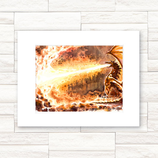 "Morning Yawn" 11x14 Watercolor Print | Hand-Painted Dragon Fire Watercolor Print – Fantasy Art | Mythical Creature Wall Decor