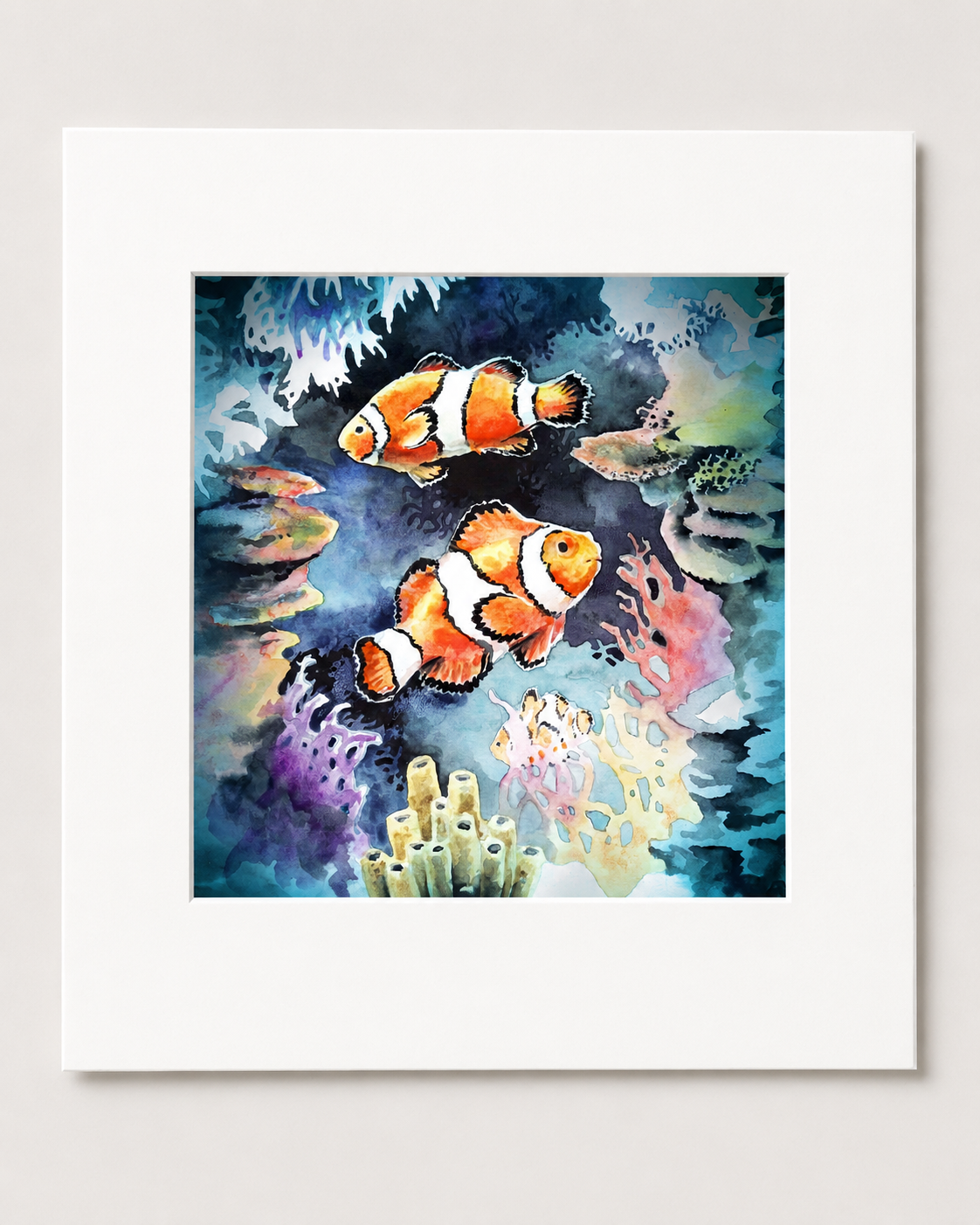 "Ocean Life" - 12x12 Print | clownfish art print, ocean life print, watercolor fish, coral reef art,