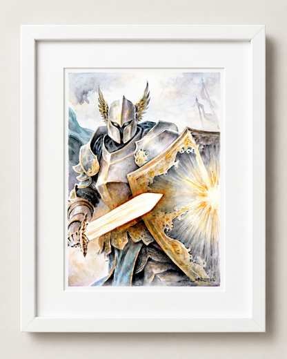 "Shield Bearer" | Watercolor Print | 8x10 Matted Fantasy Art