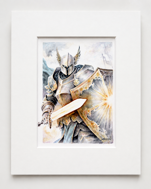 "Shield Bearer" | Watercolor Print | 8x10 Matted Fantasy Art