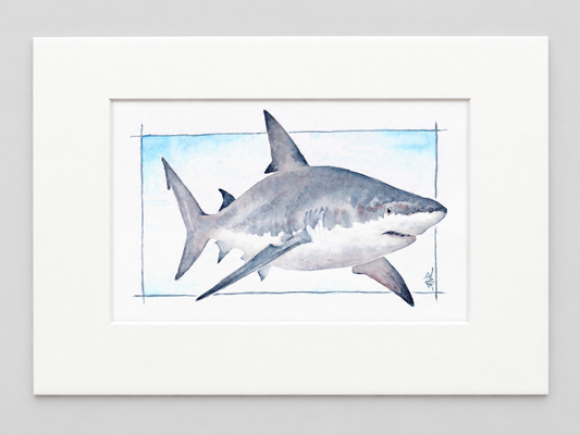"Into the Blue" | 8x10 Watercolor Print, Great White Shark | Ocean Friends Collection