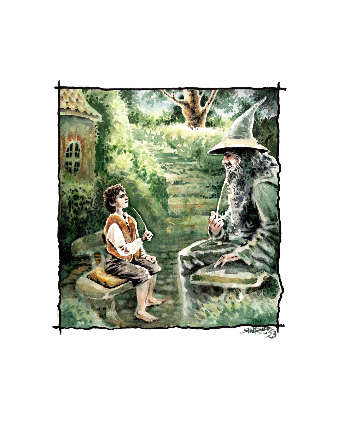 "Longbottom Leaf" - 12x12  Watercolor Print | The Hobbit & Wizard Pipe-Smoking Scene | Tolkien-Inspired Art Print