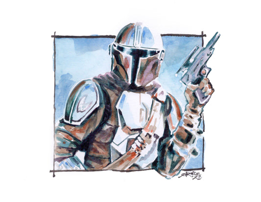 "Mando" - 12x12  Watercolor Print | Star Wars Mandalorian Watercolor Art Print | Bounty Hunter Fan Art