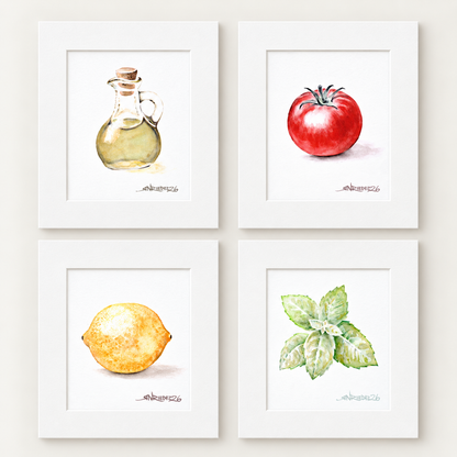 "Bruschetta Love"– Watercolor Kitchen Collection |  Four, 8x10 Prints | Kitchen Food Art