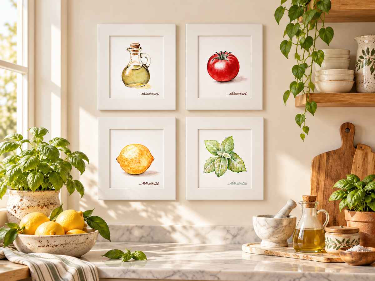 "Bruschetta Love"– Watercolor Kitchen Collection |  Four, 8x10 Prints | Kitchen Food Art