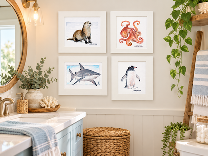 Ocean Friends Collection | Four- 8x10 Watercolor Prints:  Shark, Octopus, Penguin, Otter