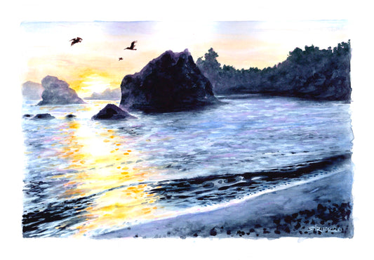 "Pacific Evening" |  Watercolor Print, Brookings at Sunset — Oregon Coast