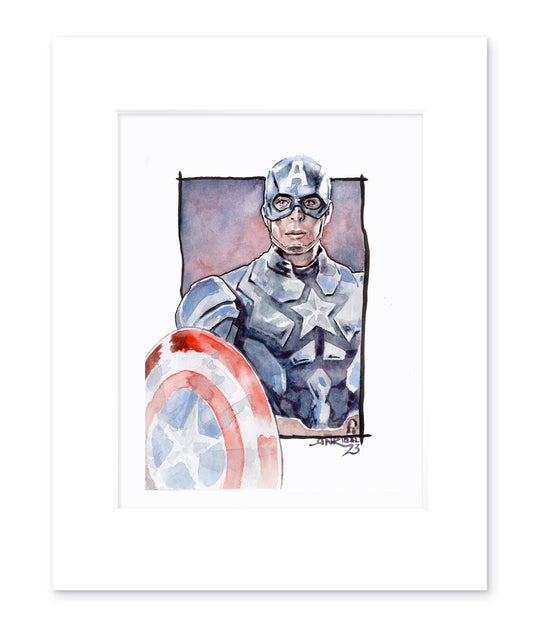 "Cap" 8x10 Watercolor Print | Captain America Watercolor Art Print – Hand-Painted Marvel Superhero | Steve Rogers Fan Art