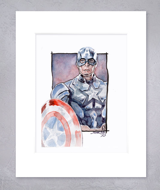 "Cap" 8x10 Watercolor Print | Captain America Watercolor Art Print – Hand-Painted Marvel Superhero | Steve Rogers Fan Art