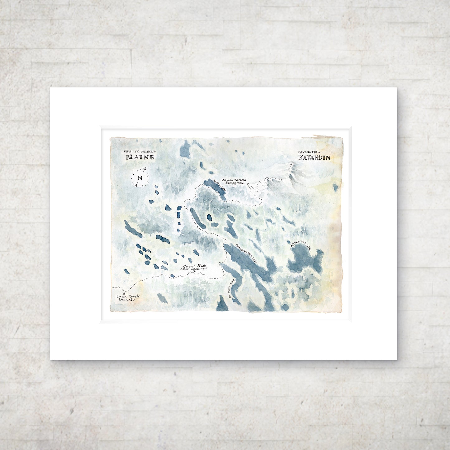 "First 50 Miles of Maine — Appalachian Trail Map (Mount Katahdin)" - 11x14 Watercolor Print  | Appalachian Trail Inspired Artwork