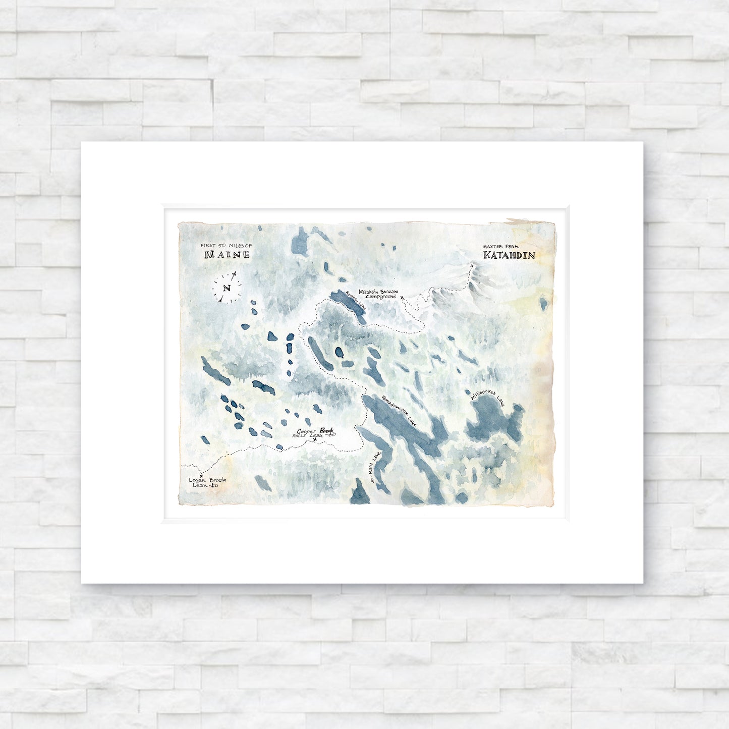 "First 50 Miles of Maine — Appalachian Trail Map (Mount Katahdin)" - 11x14 Watercolor Print  | Appalachian Trail Inspired Artwork