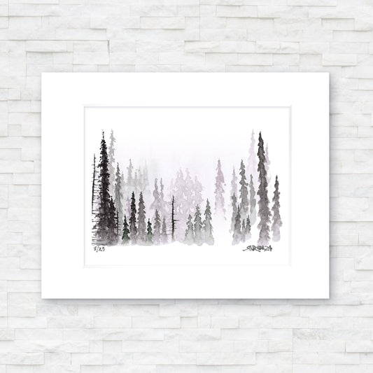 "Silent Pines" –  11x14 Watercolor Print | Misty Evergreen Forest Landscape Art | Pacific Crest Trail Art